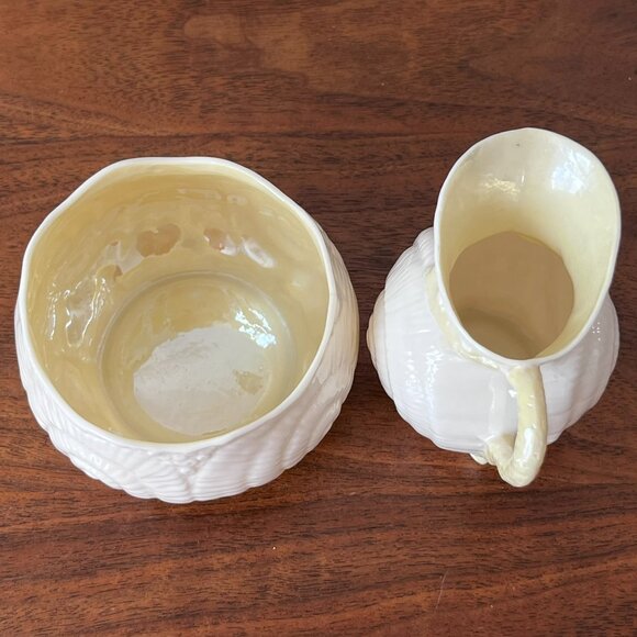 Vintage Belleek Seashell Nautilus Lustre Creamer & Sugar Bowl Green Mark Ireland - Picture 9 of 13